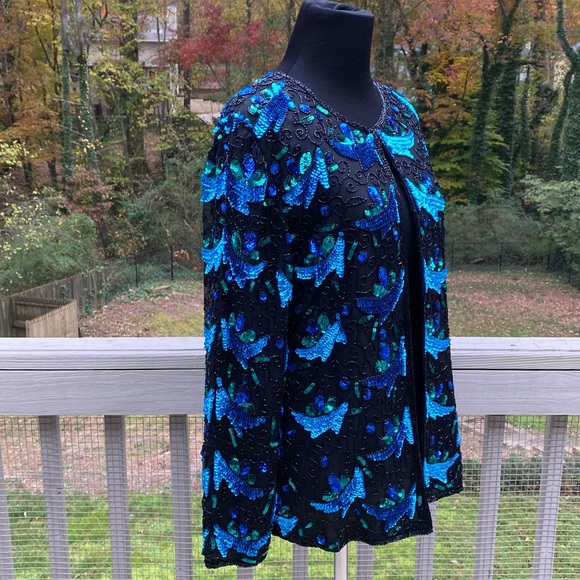 Vintage 80s Silk Sequin Blazer Jacket - Picture 3 of 12